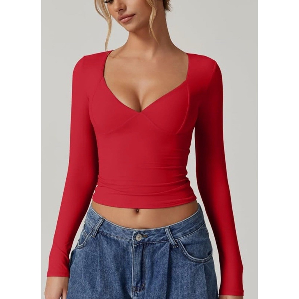 QINSEN Women's Long Sleeve V-Neck Double Lined Crop Top, Seamed Cups Red Size XS - Picture 4 of 8